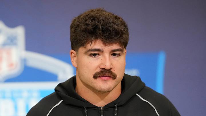 Feb 25, 2026; Indianapolis, IN, USA; Texas Tech linebacker Jacob Rodriguez (LB21) speaks during the NFL Scouting Combine at the Indiana Convention Center. Mandatory Credit: Kirby Lee-Imagn Images