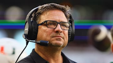 Sep 7, 2024; Miami Gardens, Florida, USA; Miami Hurricanes offensive coordinator Shannon Dawson looks on from the sideline against the Florida A&M Rattlers during the first quarter at Hard Rock Stadium. Mandatory Credit: Sam Navarro-Imagn Images