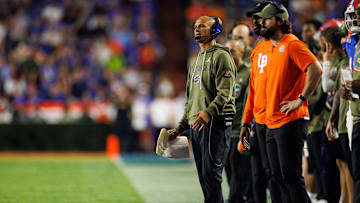 Nov 22, 2025; Gainesville, Florida, USA; Florida Gators interim head coach Billy Gonzales looks on against the Tennessee Volunteers during the second half at Ben Hill Griffin Stadium. Mandatory Credit: Matt Pendleton-Imagn Images