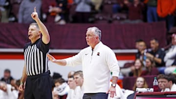 Jan 25, 2025; Blacksburg, Virginia, USA; Virginia Tech Hokies head coach Mike Young reacts during the game against Clemson Tigers during the first half at Cassell Coliseum. Mandatory Credit: Peter Casey-Imagn Images