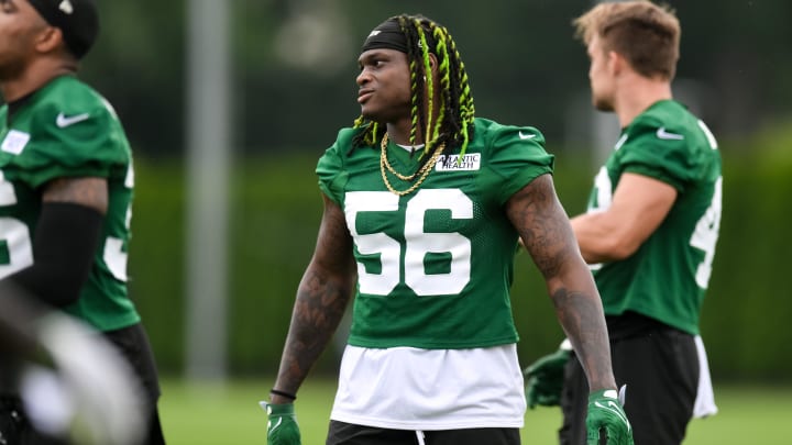 Jul 25, 2024; Florham Park, NJ, USA; New York Jets linebacker Quincy Williams (56) warms up during training camp at Atlantic Health Jets Training Center. 