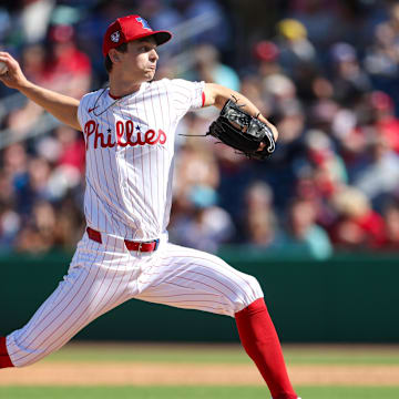 Feb 25, 2024; Clearwater, Florida, USA;  Philadelphia Phillies pitcher Mick Abel (74) throws a pitch against the New York Yankees in the sixth inning  at BayCare Ballpark.