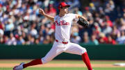 Feb 25, 2024; Clearwater, Florida, USA;  Philadelphia Phillies pitcher Mick Abel (74) throws a pitch against the New York Yankees in the sixth inning at BayCare Ballpark. 