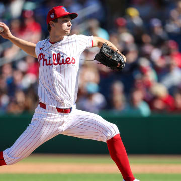 Feb 25, 2024; Clearwater, Florida, USA;  Philadelphia Phillies pitcher Mick Abel (74) throws a pitch against the New York Yankees in the sixth inning at BayCare Ballpark. 