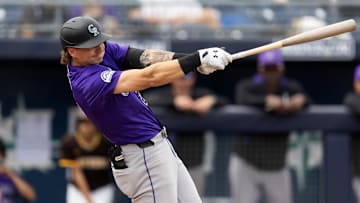 Mar 5, 2025; Peoria, Arizona, USA; Colorado Rockies outfielder Jordan Beck against the San Diego Padres during a spring training game at Peoria Sports Complex. Mandatory Credit: Mark J. Rebilas-Imagn Images