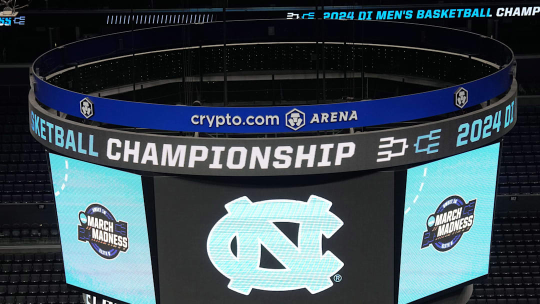 Mar 27, 2024; Los Angeles, CA, USA; The North Carolina Tar Heels logo on the video board during practice prior to NCAA Tournament at West Regional at Crypto.com Arena. Mandatory Credit: Kirby Lee-Imagn Images