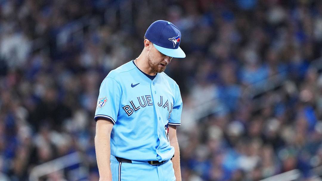 Apr 11, 2026; Toronto, Ontario, CAN; Toronto Blue Jays starting pitcher Eric Lauer (56) walks towards the dugout against the Minnesota Twins during the third inning at Rogers Centre. Mandatory Credit: Nick Turchiaro-Imagn Images
