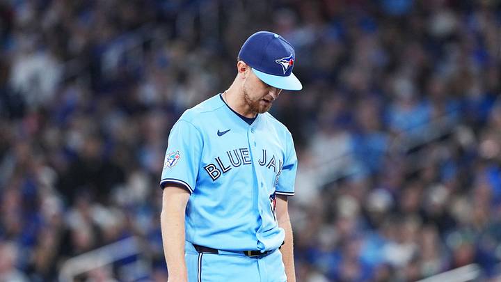 Apr 11, 2026; Toronto, Ontario, CAN; Toronto Blue Jays starting pitcher Eric Lauer (56) walks towards the dugout against the Minnesota Twins during the third inning at Rogers Centre. Mandatory Credit: Nick Turchiaro-Imagn Images