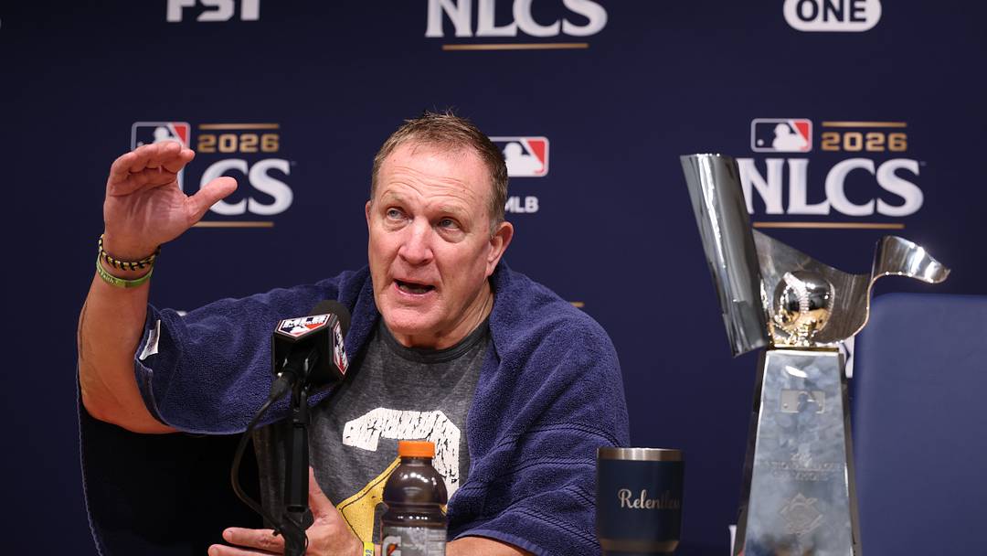 Oct 15, 2026; Los Angeles, California, USA;  Milwaukee Brewers manager Pat Murphy at a press conference after game four of the NLCS for the 2026 MLB Playoffs against the Los Angeles Dodgers at Uniqlo Field at Dodger Stadium.  Mandatory Credit: Kiyoshi Mio-Imagn Images