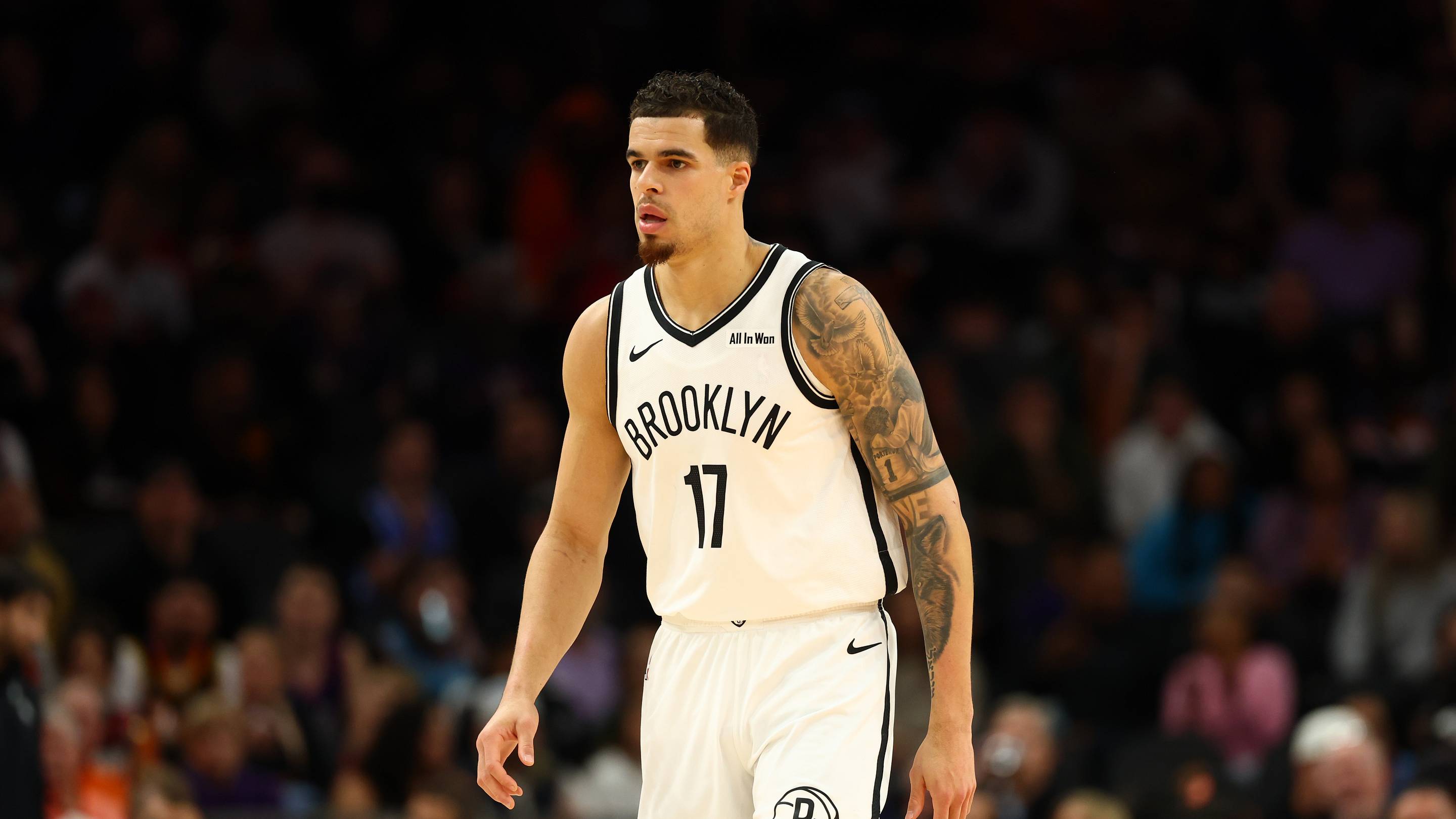 Jan 27, 2026; Phoenix, Arizona, USA; Brooklyn Nets forward Michael Porter Jr. (17) against the Phoenix Suns at Mortgage Matchup Center. Mandatory Credit: Mark J. Rebilas-Imagn Images