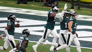 Feb 9, 2025; New Orleans, LA, USA; Philadelphia Eagles linebacker Zack Baun (53) reacts after making an interception against the Kansas City Chiefs during the second quarter in Super Bowl LIX at Caesars Superdome. Mandatory Credit: Kirby Lee-Imagn Images