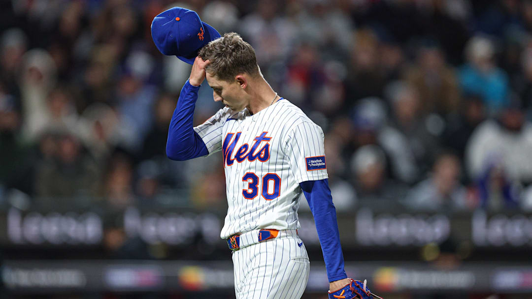 Apr 9, 2026; New York City, New York, USA; New York Mets pitcher Luke Weaver (30) reacts after the top of the seventh inning against the Arizona Diamondbacks at Citi Field. Mandatory Credit: Vincent Carchietta-Imagn Images
