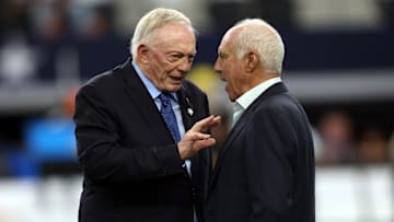 Nov 10, 2024; Arlington, Texas, USA; (L to R) Dallas Cowboys owner Jerry Jones talks to Philadelphia Eagles owner Jeffrey Lurie before the game at AT&T Stadium. Mandatory Credit: Tim Heitman-Imagn Images