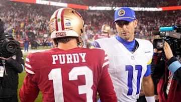 Los Angeles Rams quarterback Jimmy Garoppolo (R) and San Francisco 49ers quarterback Brock Purdy (L)