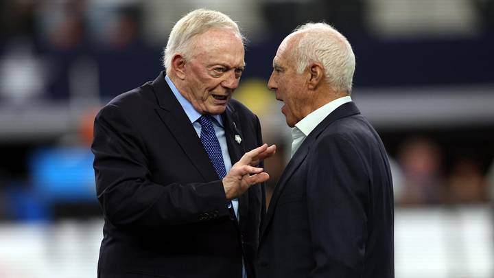 Nov 10, 2024; Arlington, Texas, USA; (L to R) Dallas Cowboys owner Jerry Jones talks to Philadelphia Eagles owner Jeffrey Lurie before the game at AT&T Stadium. Mandatory Credit: Tim Heitman-Imagn Images