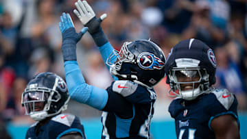 Tennessee Titans linebacker Arden Key (49) blows kisses after sacking New England Patriots quarterback Drake Maye (10) during their game at Nissan Stadium in Nashville, Tenn., Sunday, Nov. 3, 2024.