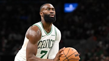 Oct 12, 2025; Boston, Massachusetts, USA; Boston Celtics guard/forward Jaylen Brown (7) attempts a free throw against the Cleveland Cavaliers during the first half at TD Garden. Mandatory Credit: Brian Fluharty-Imagn Images