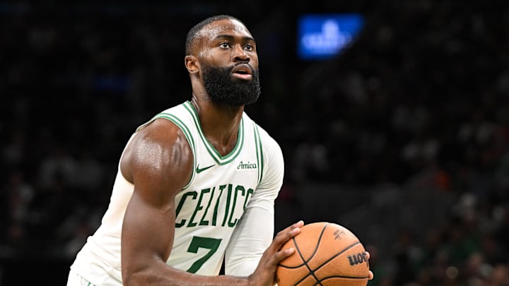 Oct 12, 2025; Boston, Massachusetts, USA; Boston Celtics guard/forward Jaylen Brown (7) attempts a free throw against the Cleveland Cavaliers during the first half at TD Garden. Mandatory Credit: Brian Fluharty-Imagn Images
