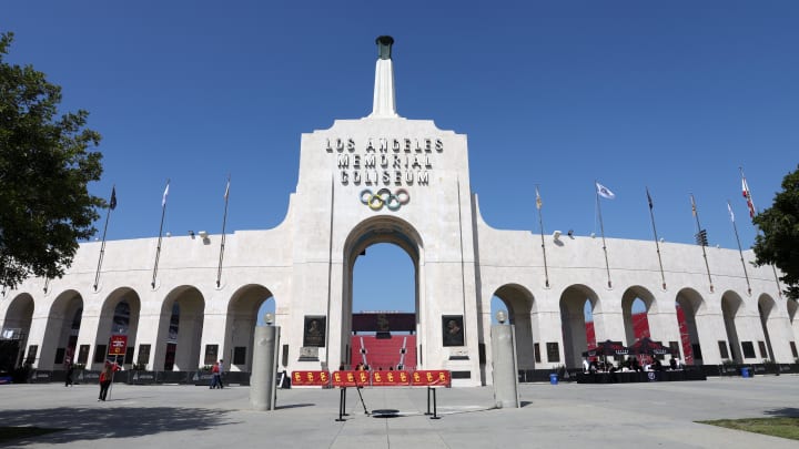 Apr 15, 2023; Los Angeles, CA, USA;  A general view of the Los Angeles Memorial Coliseum before the USC Trojans Spring Game . Mandatory Credit: Kiyoshi Mio-USA TODAY Sports