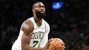 Oct 12, 2025; Boston, Massachusetts, USA: Boston Celtics guard/forward Jaylen Brown (7) attempts a free throw against the Cleveland Cavaliers during the first half at TD Garden. Mandatory Credit: Brian Fluharty-Imagn Images