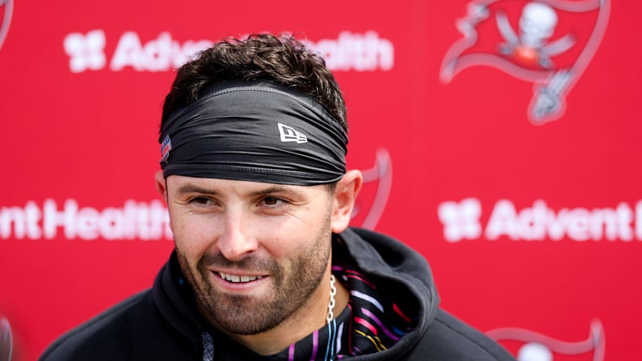 Tampa Bay Buccaneers quarterback Baker Mayfield gives a press conference after mini-camp. | Nathan Ray Seebeck-Imagn Images