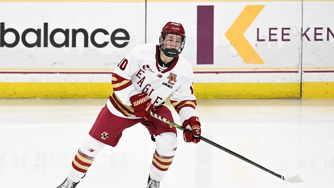 Feb 28, 2025; Chestnut Hill, MA, USA; Boston College forward James Hagens (10) skates against the University of New Hampshire