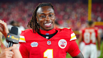 Sep 5, 2024; Kansas City, Missouri, USA; Kansas City Chiefs wide receiver Xavier Worthy (1) speaks with media after the win over the Baltimore Ravens at GEHA Field at Arrowhead Stadium. Mandatory Credit: Denny Medley-Imagn Images