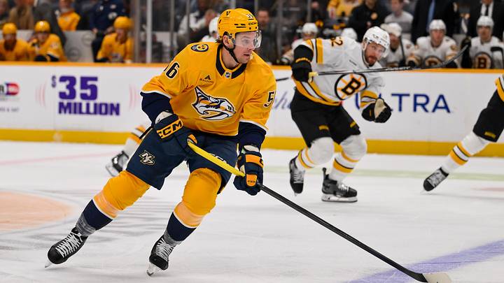 Mar 5, 2026; Nashville, Tennessee, USA;   Nashville Predators left wing Erik Haula (56) skates with the puck against the Boston Bruins during the first period at Bridgestone Arena. Mandatory Credit: Steve Roberts-Imagn Images