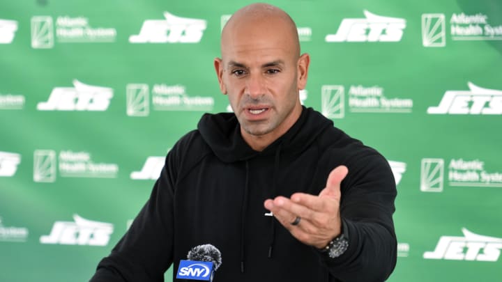 Jul 25, 2024; Florham Park, NJ, USA; New York Jets head coach Robert Saleh speaks to the media after training camp at Atlantic Health Jets Training Center.