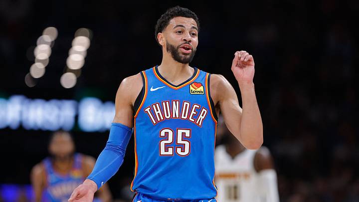 Mar 9, 2026; Oklahoma City, Oklahoma, USA; Oklahoma City Thunder guard Ajay Mitchell (25) talks to the bench after a play against the Denver Nuggets during the second quarter at Paycom Center. Mandatory Credit: Alonzo Adams-Imagn Images