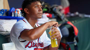 Jul 2, 2025; Atlanta, Georgia, USA; Atlanta Braves starting pitcher Didier Fuentes (75) in the dugout against the Los Angeles Angels in the second inning at Truist Park. Mandatory Credit: Brett Davis-Imagn Images
