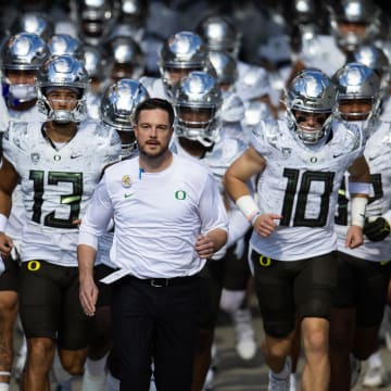 Nov 18, 2023; Tempe, Arizona, USA; Oregon Ducks head coach Dan Lanning against the Arizona State Sun Devils at Mountain America Stadium. Mandatory Credit: Mark J. Rebilas-USA TODAY Sports