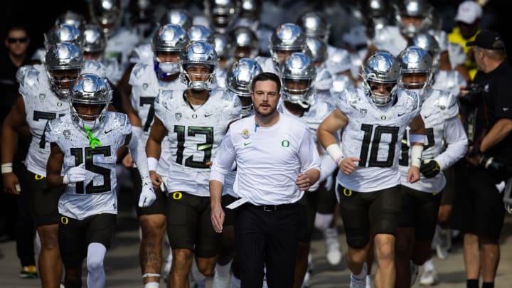 Nov 18, 2023; Tempe, Arizona, USA; Oregon Ducks head coach Dan Lanning against the Arizona State Sun Devils at Mountain America Stadium. Mandatory Credit: Mark J. Rebilas-USA TODAY Sports