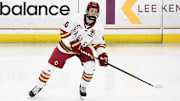 Feb 28, 2025; Chestnut Hill, MA, USA; Boston College forward James Hagens (10) skates against the University of New Hampshire Wildcats during the second period at Conte Forum. Mandatory Credit: Eric Canha-Imagn Images