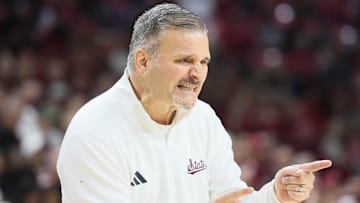 Mississippi State Bulldogs coach Chris Jans during the first half against the Arkansas Razorbacks at Bud Walton Arena.