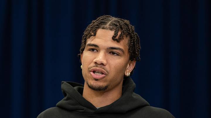 North Dakota State wideout Bryce Lance speaks to members of the media