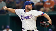 Texas Rangers pitcher Merrill Kelly throws a pitch against the Milwaukee Brewers at Globe Life Field. 
