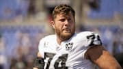 Sep 15, 2024; Baltimore, Maryland, USA;  Las Vegas Raiders offensive tackle Kolton Miller (74) before the game against the Baltimore Ravens at M&T Bank Stadium. Mandatory Credit: Tommy Gilligan-Imagn Images