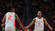 Tennessee guard Chaz Lanier (2) and Tennessee guard Zakai Zeigler (5) high-five during an NCAA basketball game between the Tennessee Volunteers and UT Martin Skyhawks at Thompson-Boling Arena at Food City Center on Wednesday, Nov. 27, 2024. Mandatory Credit: Angelina Alcantar/USA TODAY NETWORK via Imagn Images