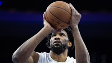 Nov 12, 2024; Philadelphia, Pennsylvania, USA; Philadelphia 76ers center Joel Embiid warms up before action against the New York Knicks at Wells Fargo Center. Mandatory Credit: Bill Streicher-Imagn Images