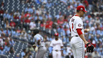Jun 15, 2025; Washington, District of Columbia, USA; Washington Nationals starting pitcher MacKenzie Gore (1) reacts after giving up a solo home run to Miami Marlins center fielder Dane Myers (54) during the second inning at Nationals Park. 