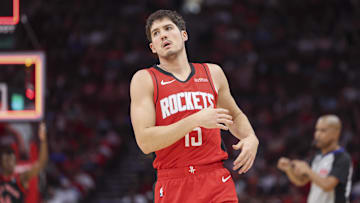 Feb 9, 2025; Houston, Texas, USA; Houston Rockets guard Reed Sheppard (15) reacts after a play during the game against the Toronto Raptors at Toyota Center. Mandatory Credit: Troy Taormina-Imagn Images