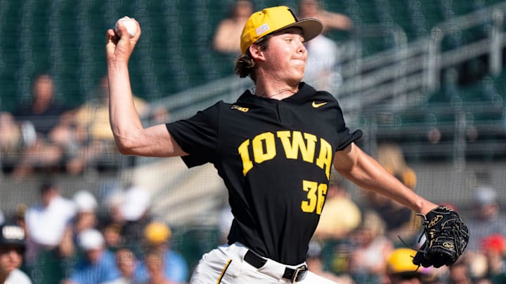 Iowa's Tyler Guerin pitches during game 2 of Iowa vs. Oregon State baseball at Principal Park on May 10, 2025, in Des Moines.