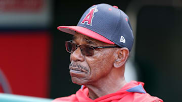Jun 21, 2025; Anaheim, California, USA; Los Angeles Angels manager Ron Washington (37) watches batting practice from a dugout before the game against the Houston Astros at Angel Stadium. Washington is stepping indefinitely away from the team due to health reasons. Mandatory Credit: Kiyoshi Mio-Imagn Images