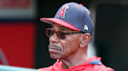 Jun 21, 2025; Anaheim, California, USA; Los Angeles Angels manager Ron Washington (37) watches batting practice from a dugout before the game against the Houston Astros at Angel Stadium. Washington is stepping indefinitely away from the team due to health reasons. Mandatory Credit: Kiyoshi Mio-Imagn Images