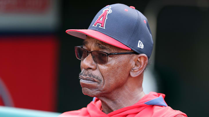 Los Angeles Angels manager Ron Washington watches batting practice.
