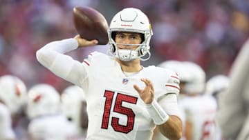 Dec 15, 2024; Glendale, Arizona, USA; Arizona Cardinals quarterback Clayton Tune (15) against the New England Patriots at State Farm Stadium. Mandatory Credit: Mark J. Rebilas-Imagn Images