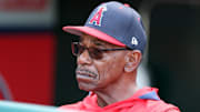 Jun 21, 2025; Anaheim, California, USA; Los Angeles Angels manager Ron Washington (37) watches batting practice from a dugout before the game against the Houston Astros at Angel Stadium. Washington is stepping indefinitely away from the team due to health reasons. Mandatory Credit: Kiyoshi Mio-Imagn Images