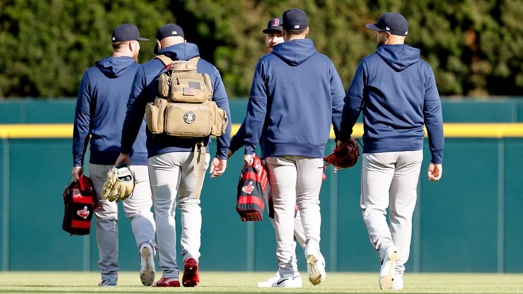 May 4, 2026; Detroit, Michigan, USA;  Boston Red Sox bull pen pitchers walk to the bullpen pen before the game against the Detroit Tigers at Comerica Park. Mandatory Credit: Rick Osentoski-Imagn Images