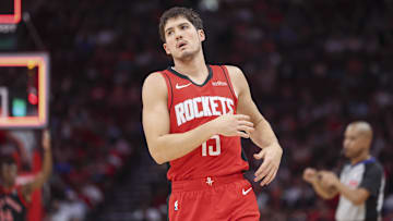 Feb 9, 2025; Houston, Texas, USA; Houston Rockets guard Reed Sheppard (15) reacts after a play during the game against the Toronto Raptors at Toyota Center. Mandatory Credit: Troy Taormina-Imagn Images